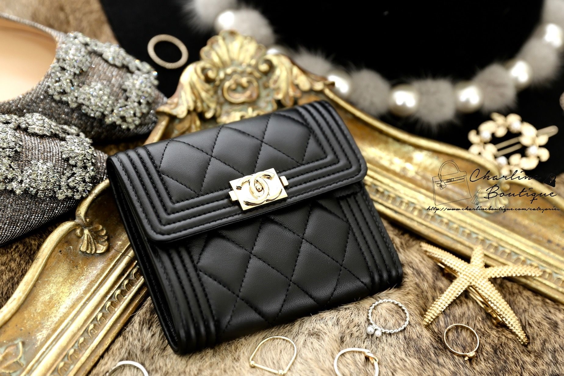 Chanel Boy Wallet 黑色金CC羊皮菱格紋三折短夾-Charline Boutique 精品代購