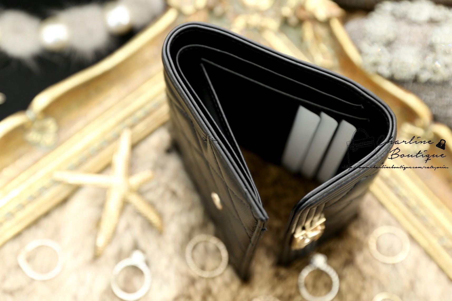 Chanel Boy Wallet 黑色金CC羊皮菱格紋三折短夾-Charline Boutique 精品代購