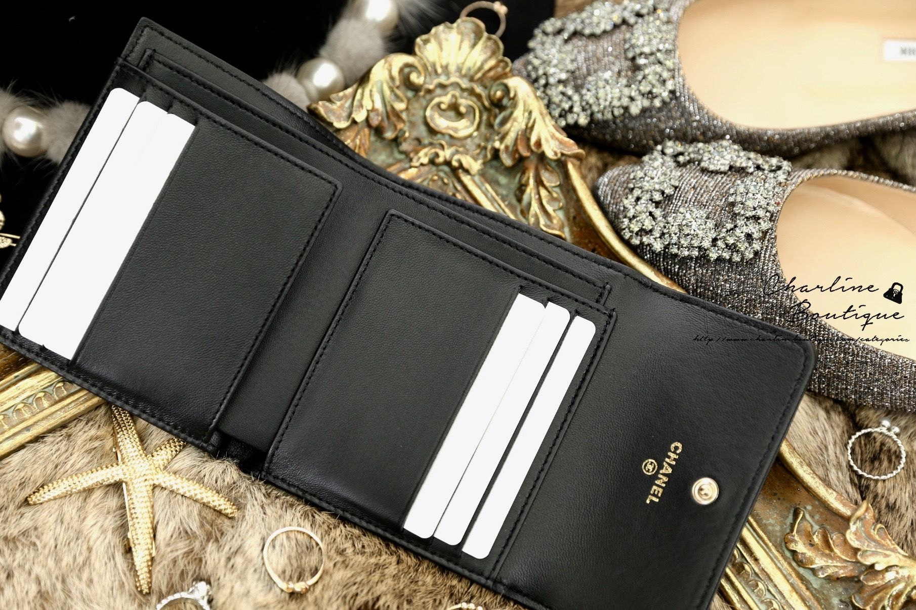 Chanel Boy Wallet 黑色金CC羊皮菱格紋三折短夾-Charline Boutique 精品代購