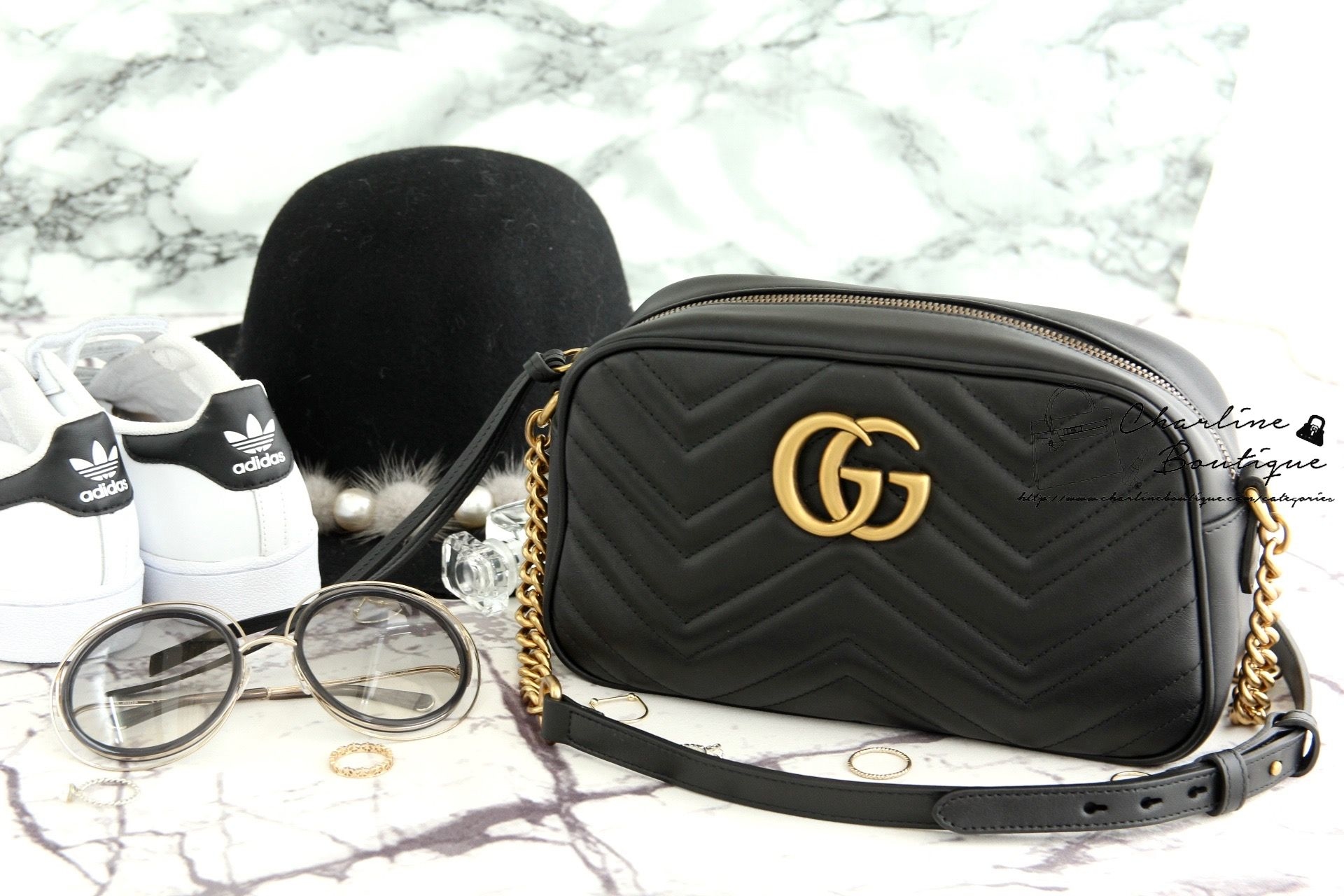 Gucci GG Marmont Matelassé Shoulder Bag 黑色古銅金GG小型肩背包