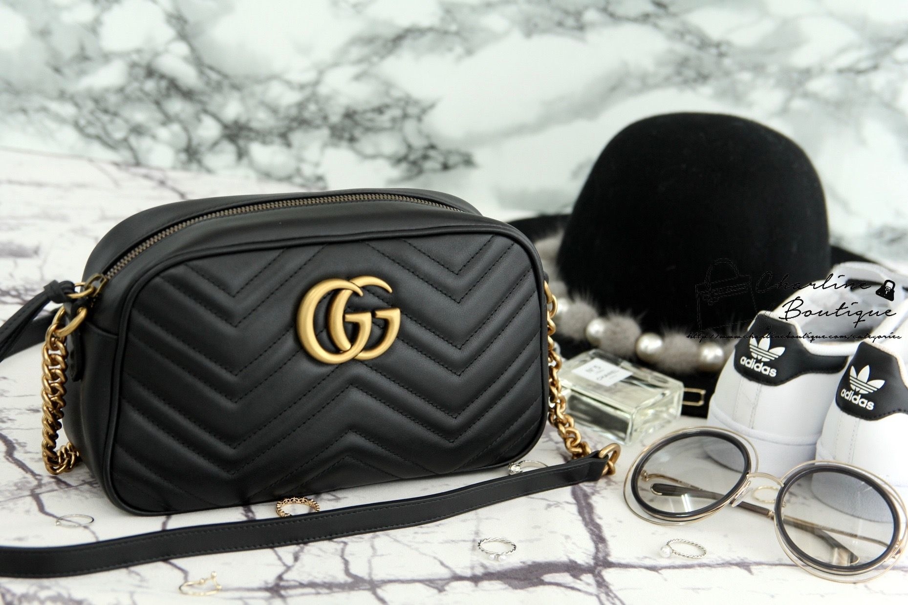 Gucci GG Marmont Matelassé Shoulder Bag 黑色古銅金GG小型肩背包