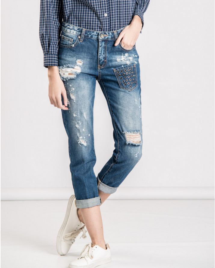 【SH】鉚釘口袋裝飾刷破牛仔褲