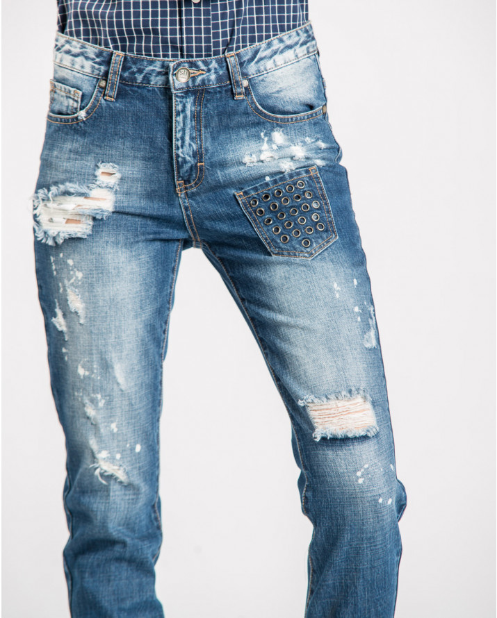 【SH】鉚釘口袋裝飾刷破牛仔褲