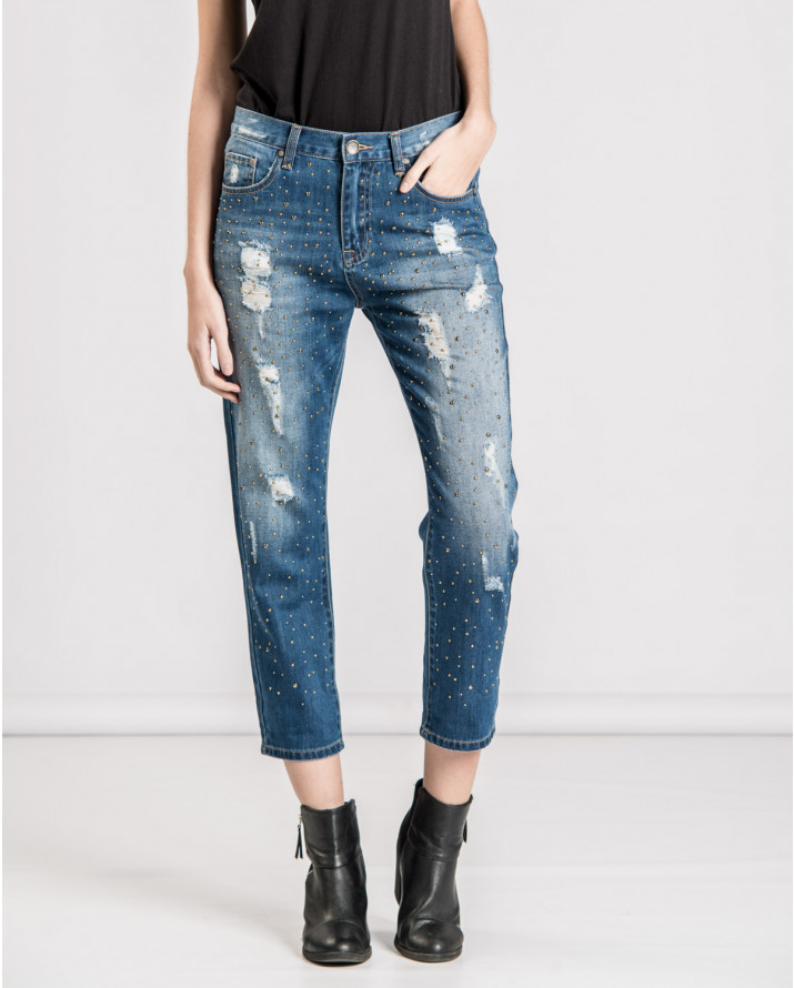 【SH】舖滿鉚釘中高腰男友褲