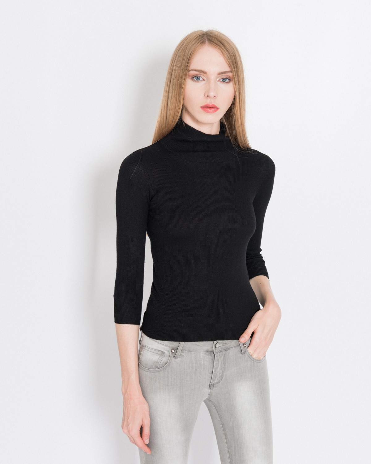 【SH】直條壓紋小高領針織七分袖上衣