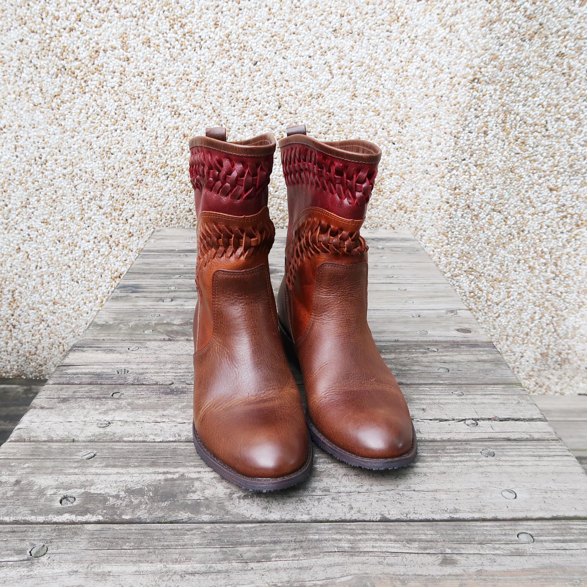 【古典主義】手染牛皮編織短靴深紅撞色茶色