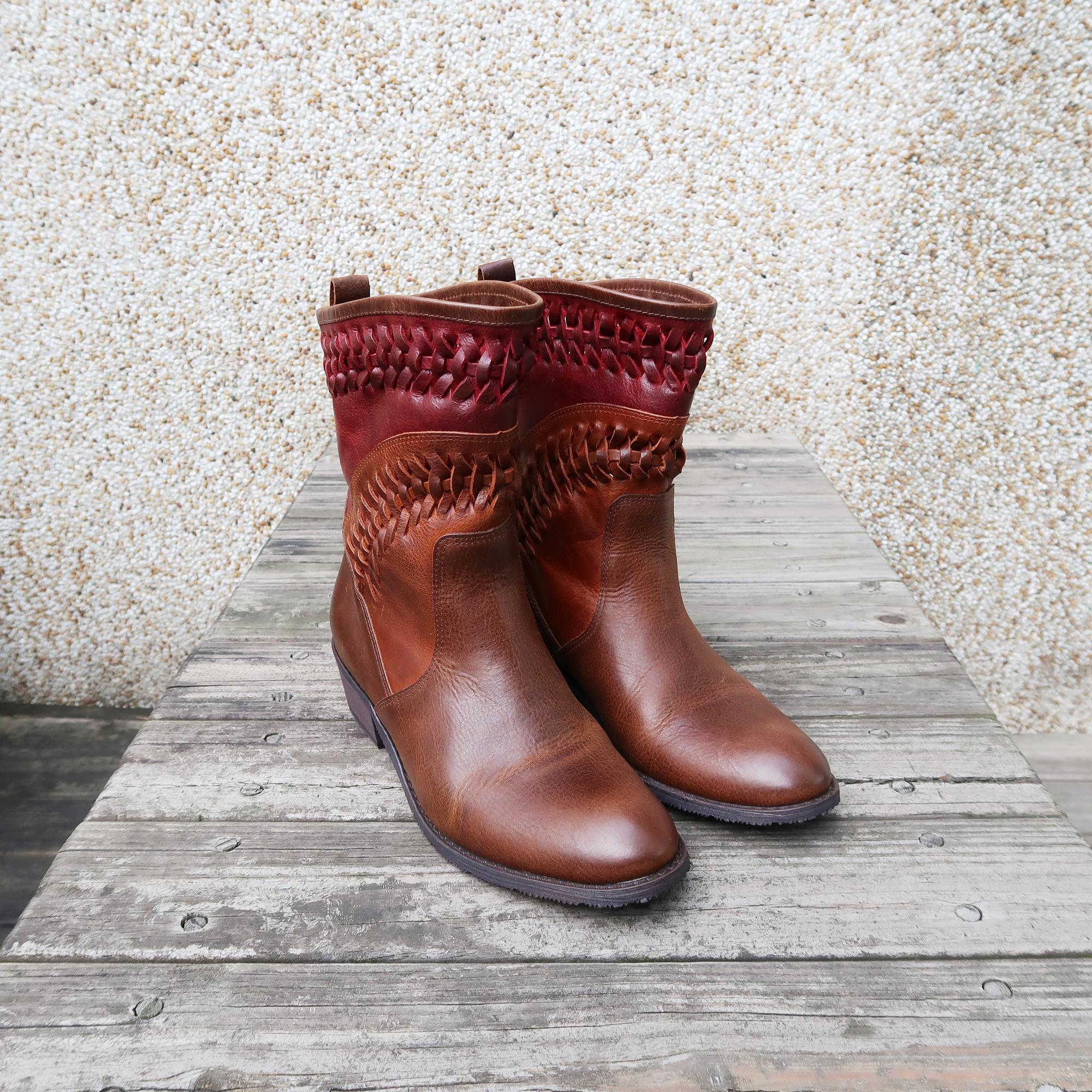 【古典主義】手染牛皮編織短靴深紅撞色茶色