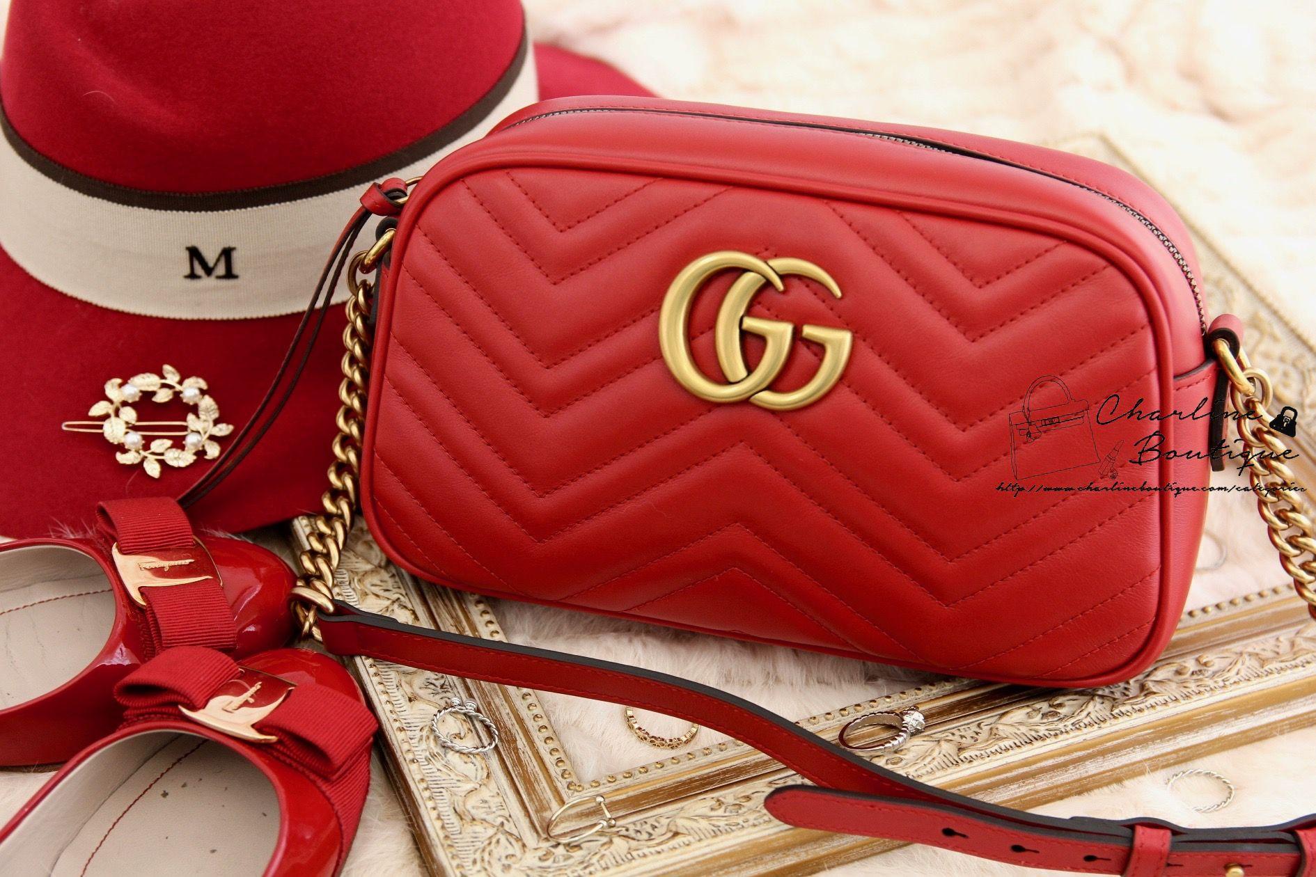 Gucci GG Marmont Matelassé Shoulder Bag 芙蓉紅古銅金GG小型肩背包