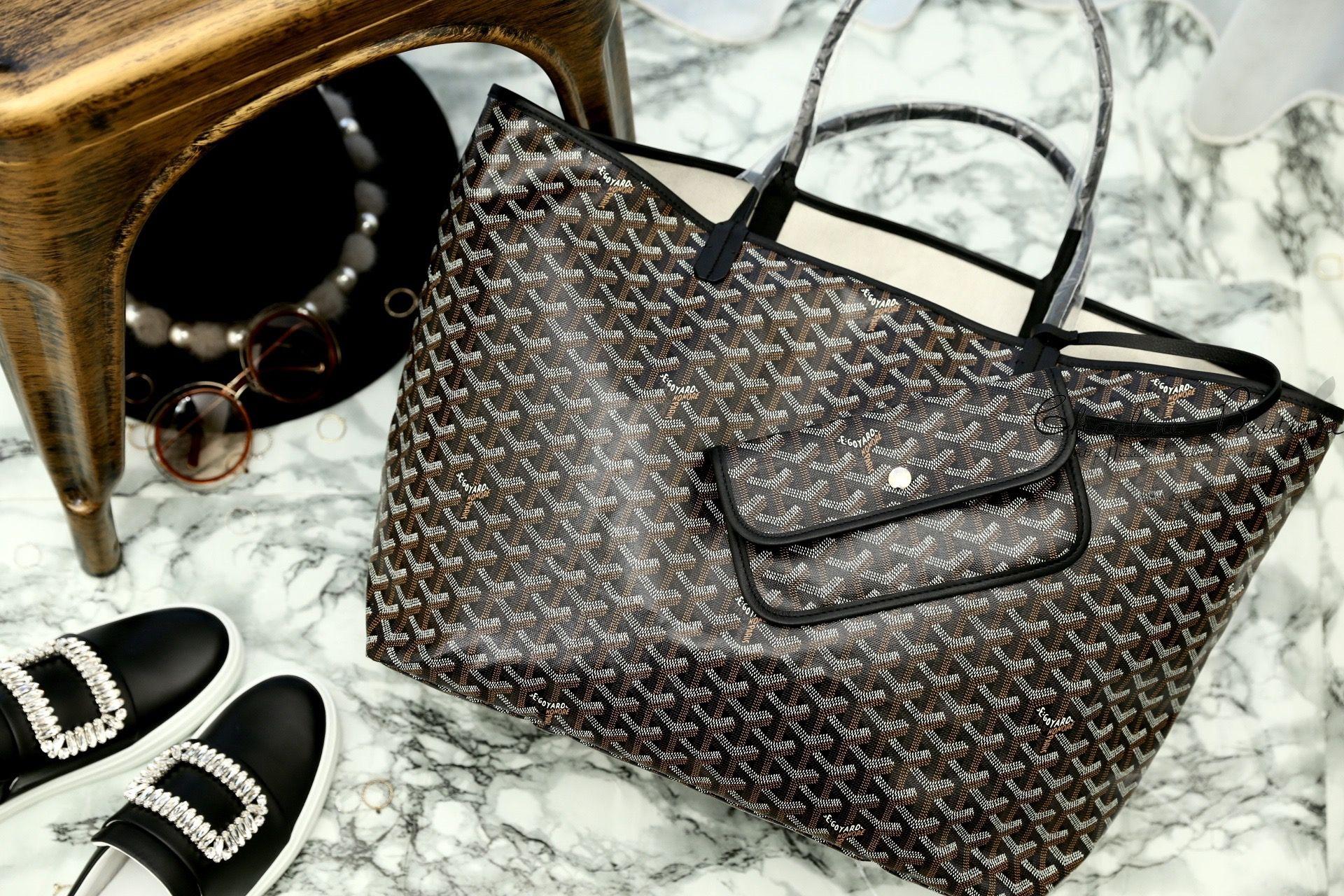 Goyard Saint Louis GM Bag 黑色帆布小牛皮同色提把大型無拉鍊托特包