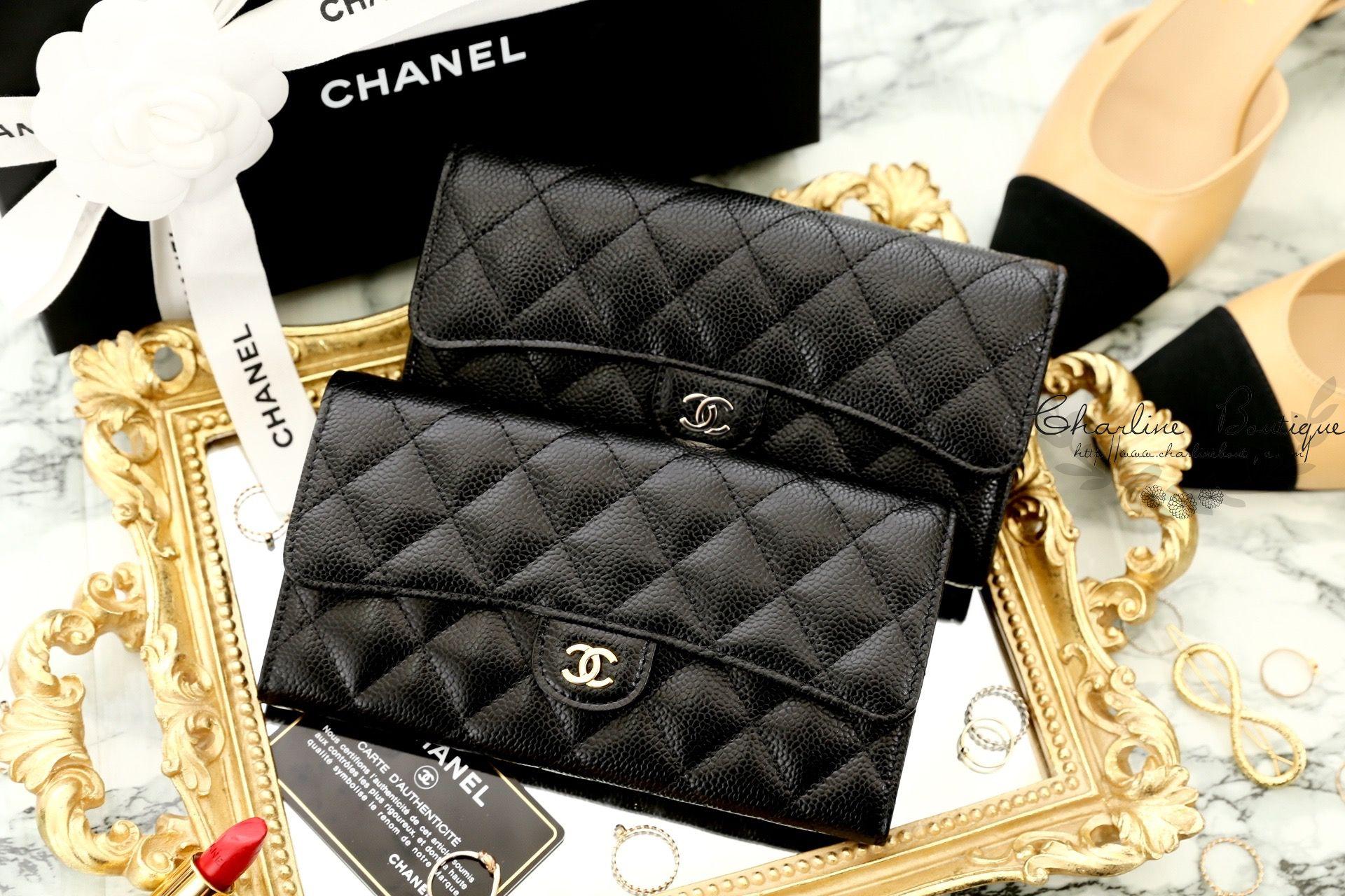 Chanel Wallet 黑色金CC荔枝菱格紋前釦式長夾-Charline Boutique 精品代購