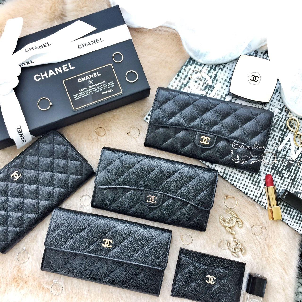 Chanel 黑色金CC荔枝菱格紋前釦式長夾,Chanel 黑色金CC荔枝紋卡片夾,Chanel 黑色金CC荔枝紋前釦式長夾,Chanel 黑色銀CC荔枝紋8卡夾拉鍊長夾-Charline Boutique 精品代購