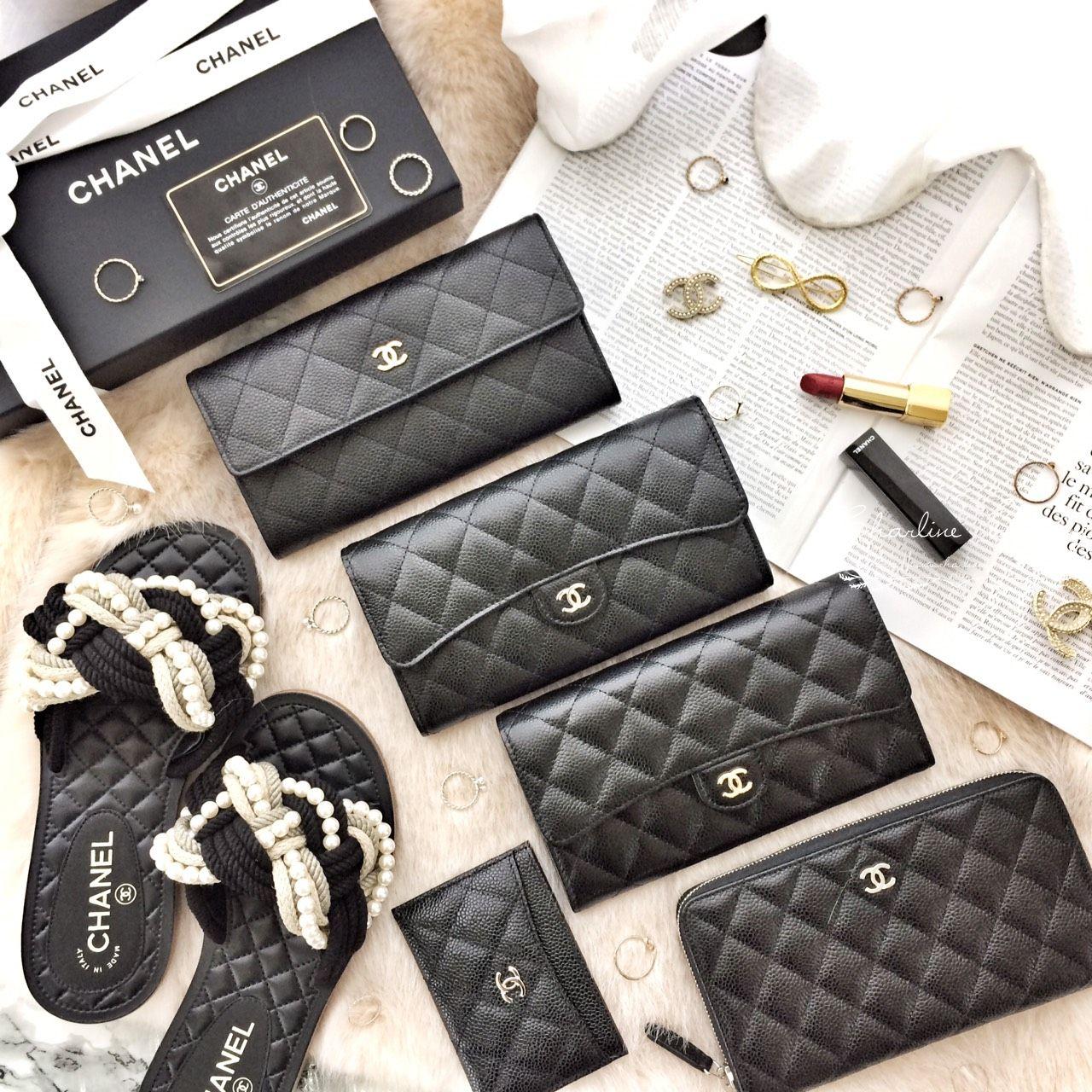 Chanel 黑色金CC荔枝菱格紋前釦式長夾,Chanel 黑色金CC荔枝紋卡片夾,Chanel 黑色金CC荔枝紋前釦式長夾,Chanel 黑色銀CC荔枝紋8卡夾拉鍊長夾-Charline Boutique 精品代購