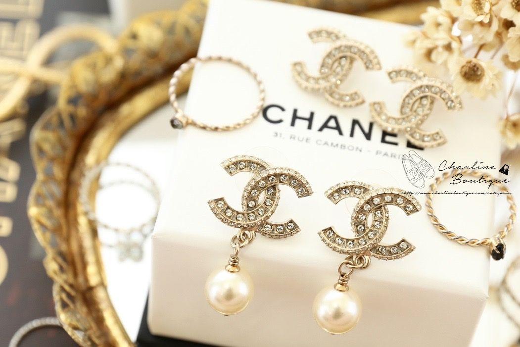 Chanel Earrings 金色方格CC水鑽垂墜珍珠耳環-Charline Boutique 精品代購