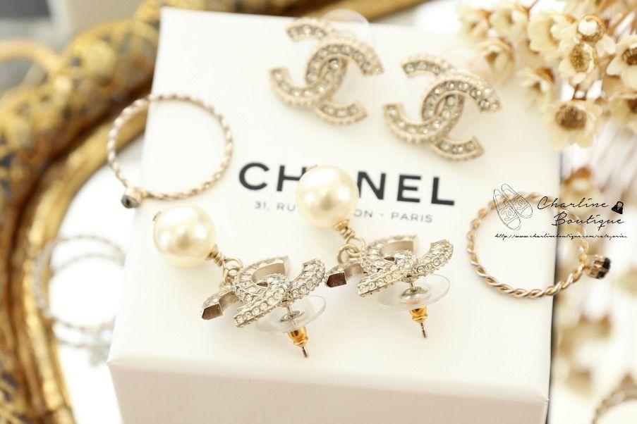 Chanel Earrings 金色方格CC水鑽垂墜珍珠耳環-Charline Boutique 精品代購