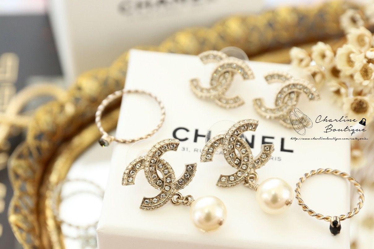 Chanel Earrings 金色方格CC水鑽垂墜珍珠耳環-Charline Boutique 精品代購