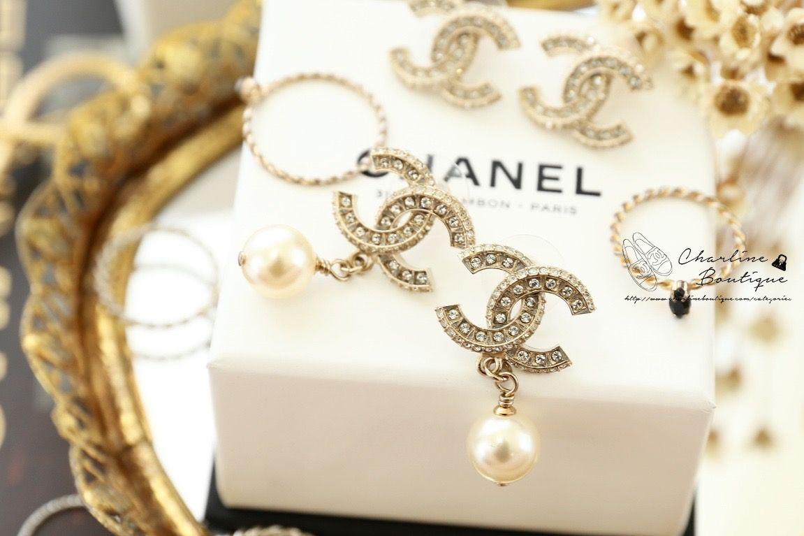 Chanel Earrings 金色方格CC水鑽垂墜珍珠耳環-Charline Boutique 精品代購