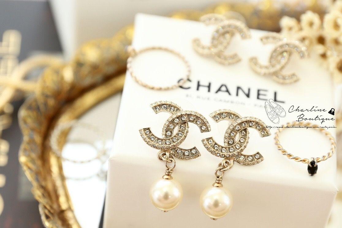 Chanel Earrings 金色方格CC水鑽垂墜珍珠耳環-Charline Boutique 精品代購