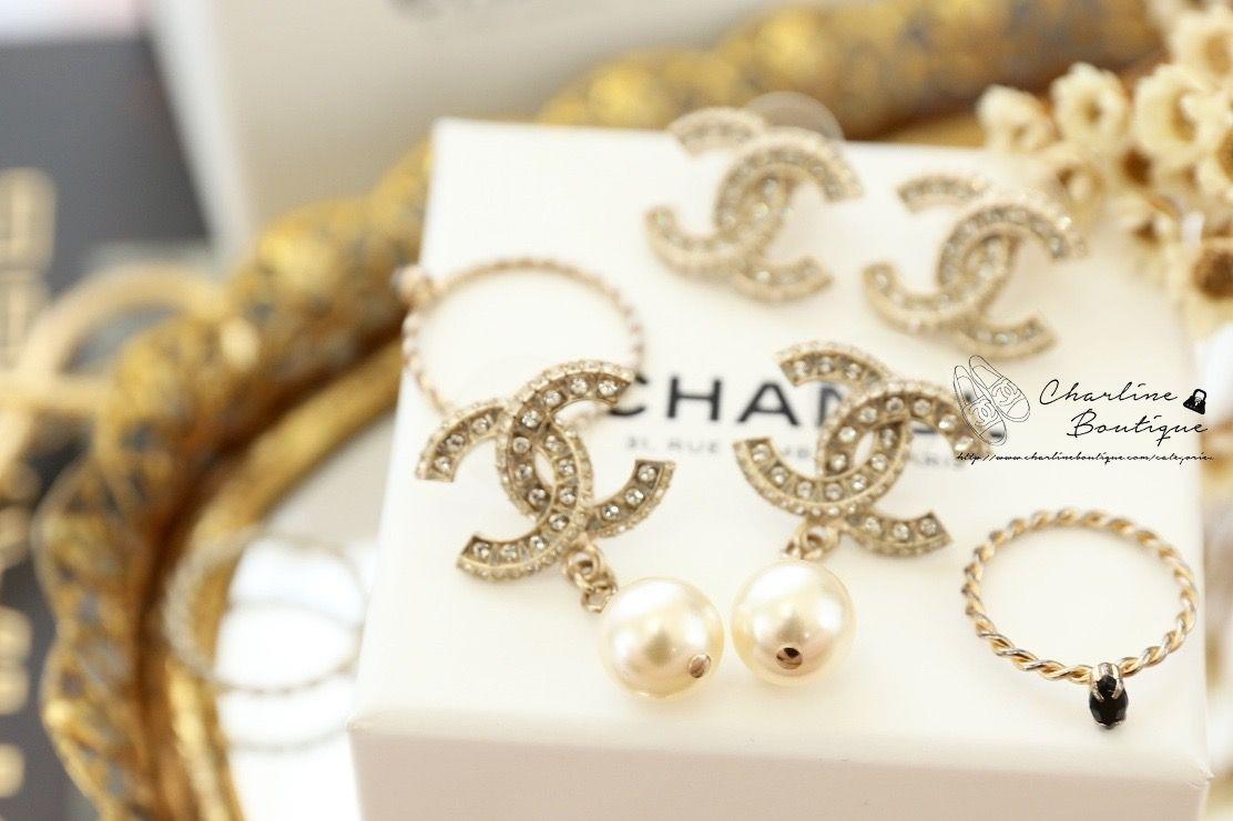 Chanel Earrings 金色方格CC水鑽垂墜珍珠耳環-Charline Boutique 精品代購