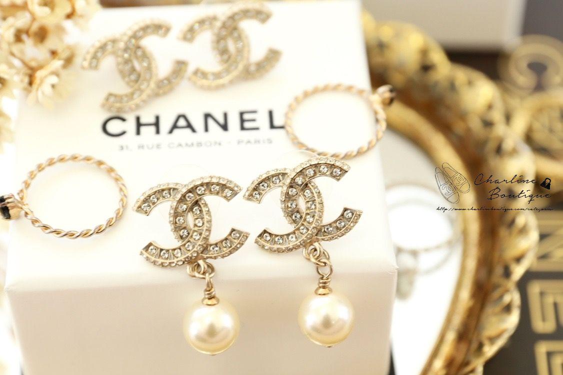 Chanel Earrings 金色方格CC水鑽垂墜珍珠耳環-Charline Boutique 精品代購