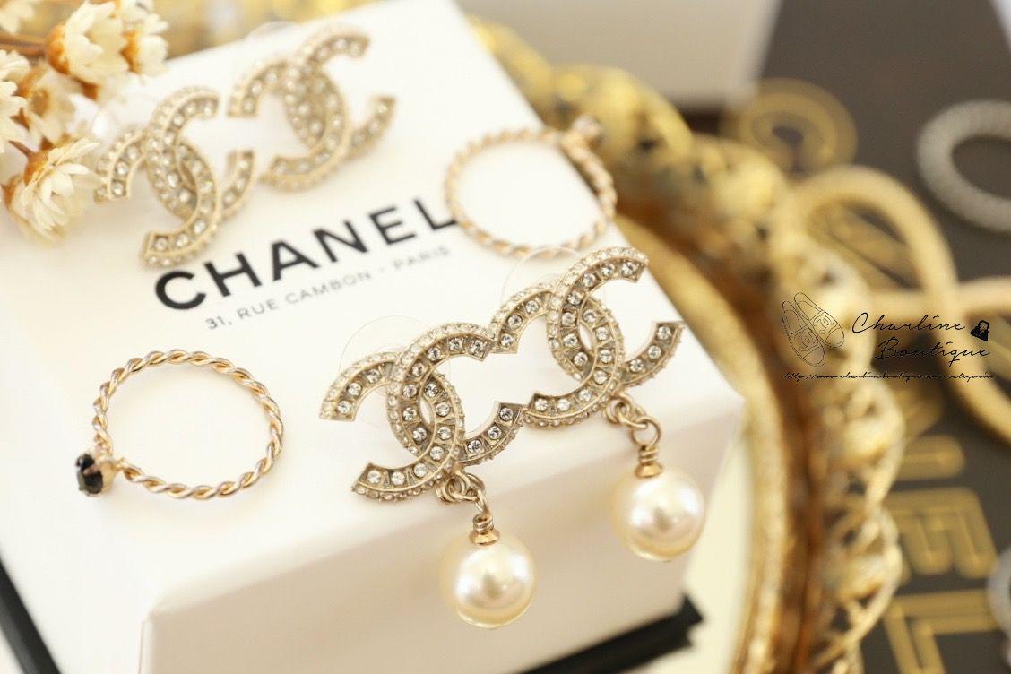 Chanel Earrings 金色方格CC水鑽垂墜珍珠耳環-Charline Boutique 精品代購