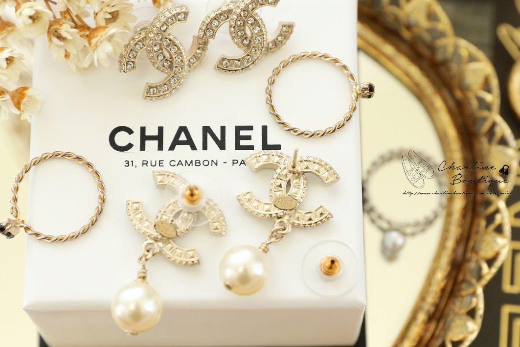 Chanel Earrings 金色方格CC水鑽垂墜珍珠耳環-Charline Boutique 精品代購