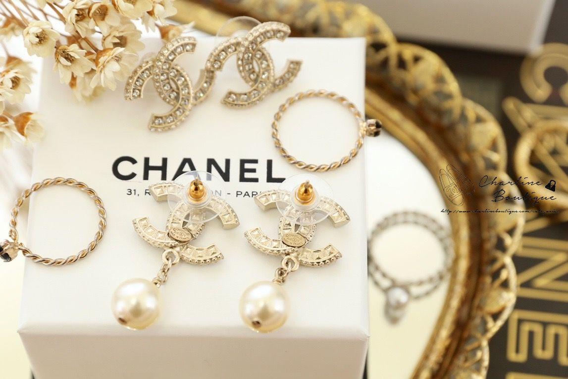 Chanel Earrings 金色方格CC水鑽垂墜珍珠耳環-Charline Boutique 精品代購