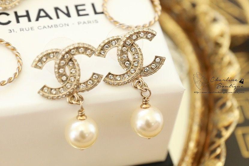 Chanel Earrings 金色方格CC水鑽垂墜珍珠耳環