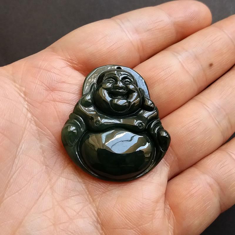 冰糯油青笑佛吊墜, 天然翡翠A玉, 緬甸玉, Jade, Jadeite