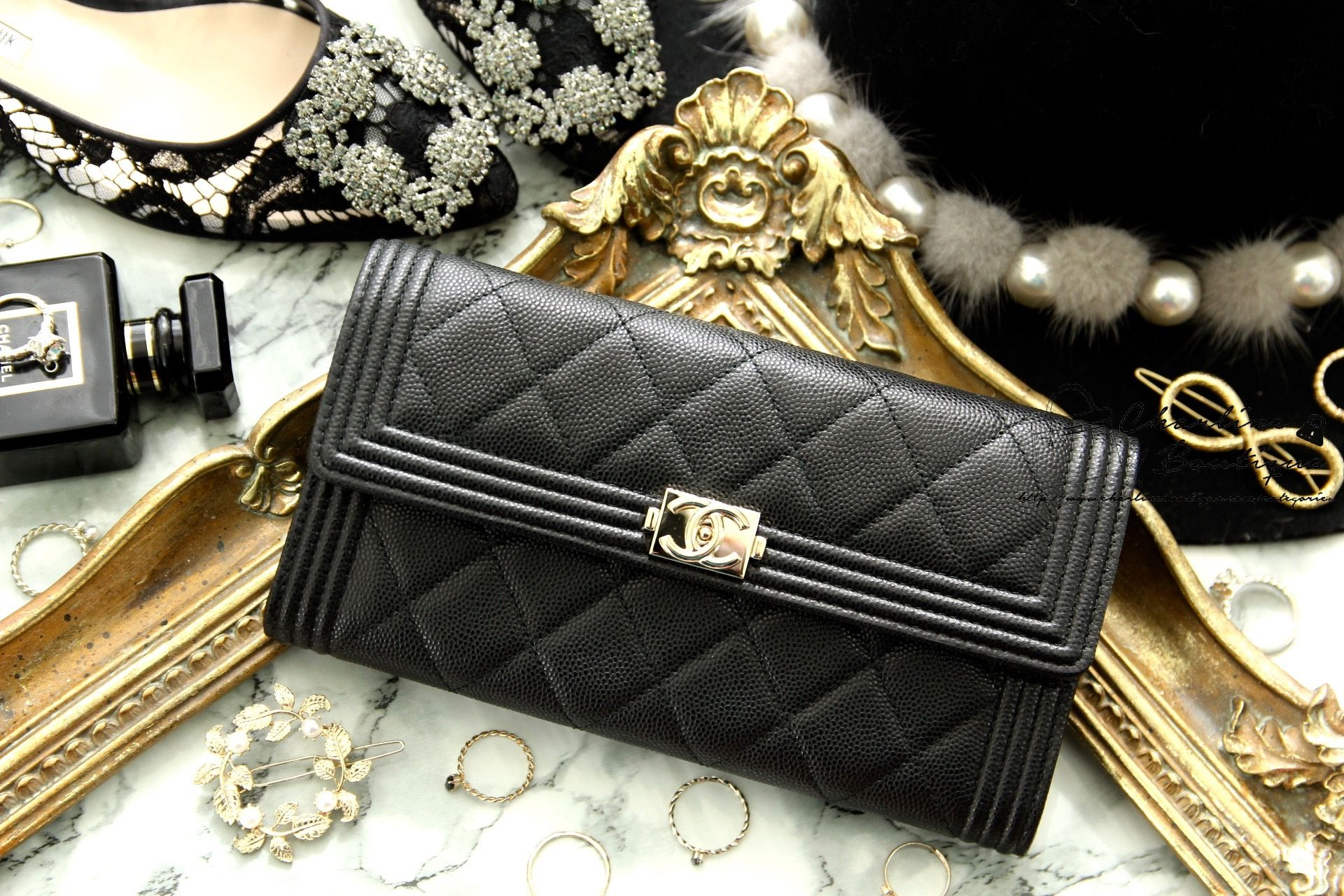 Chanel Boy Wallet 黑色金CC荔枝紋前釦式長夾