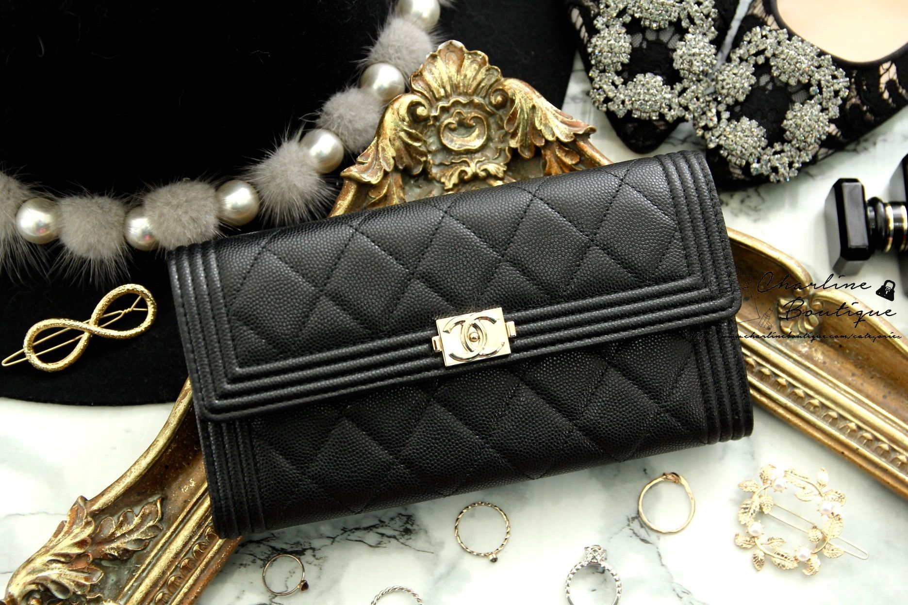 Chanel Boy Wallet 黑色金CC荔枝紋前釦式長夾