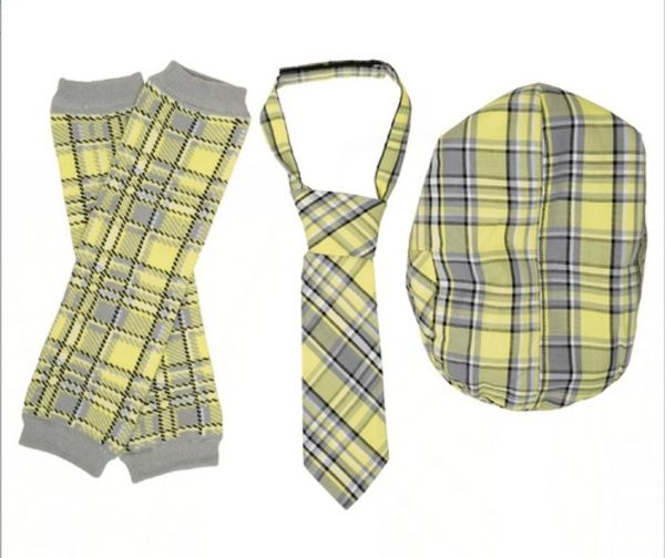 美國My Little Legs 格紋帽子，領帶，襪套 三件組-黃色格子