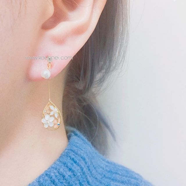 日本小珍珠x櫻花耳環 耳夾