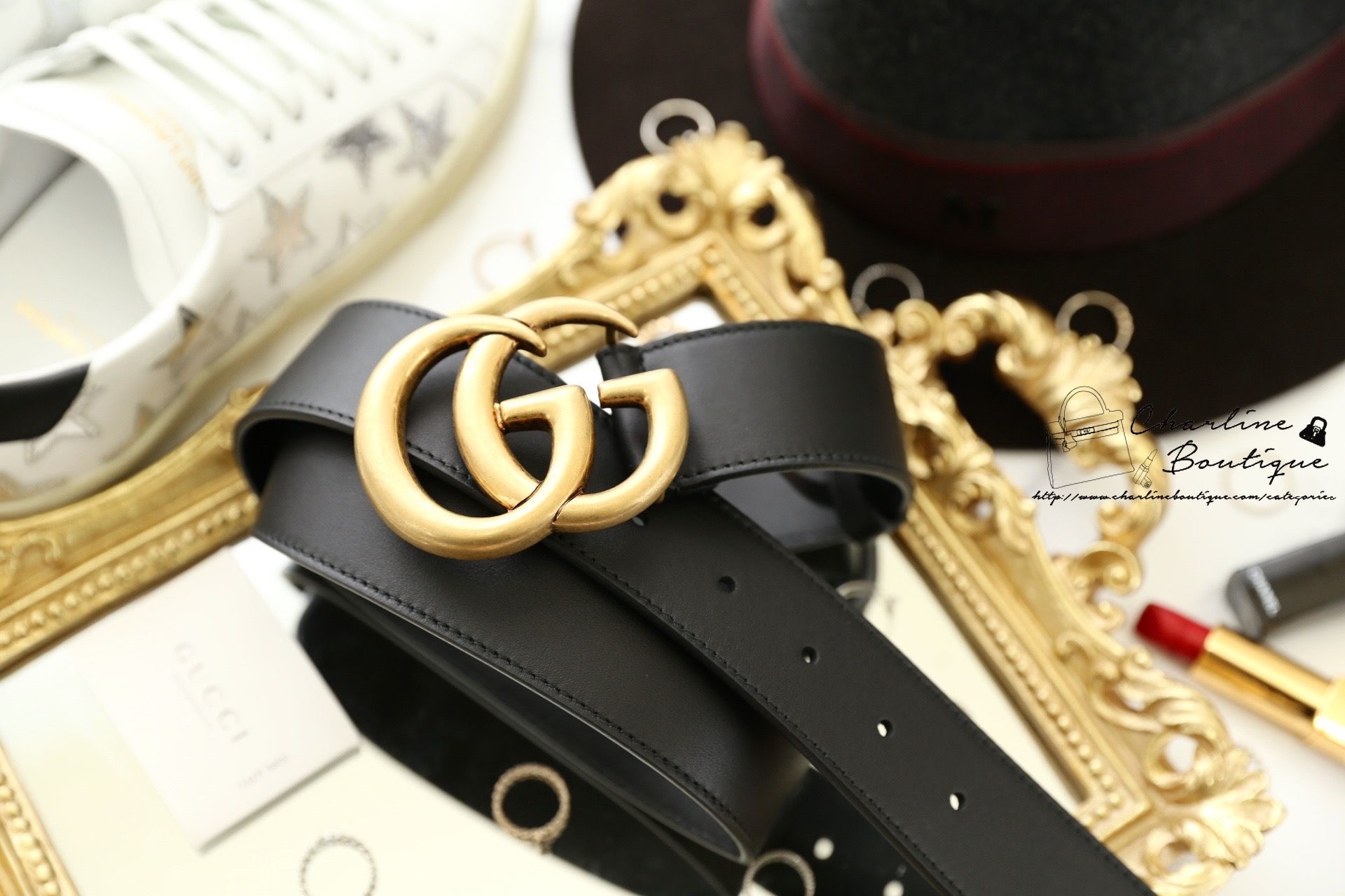 Gucci Leather Belt With Double G Buckle 黑色金GG Logo 4cm小牛皮皮帶