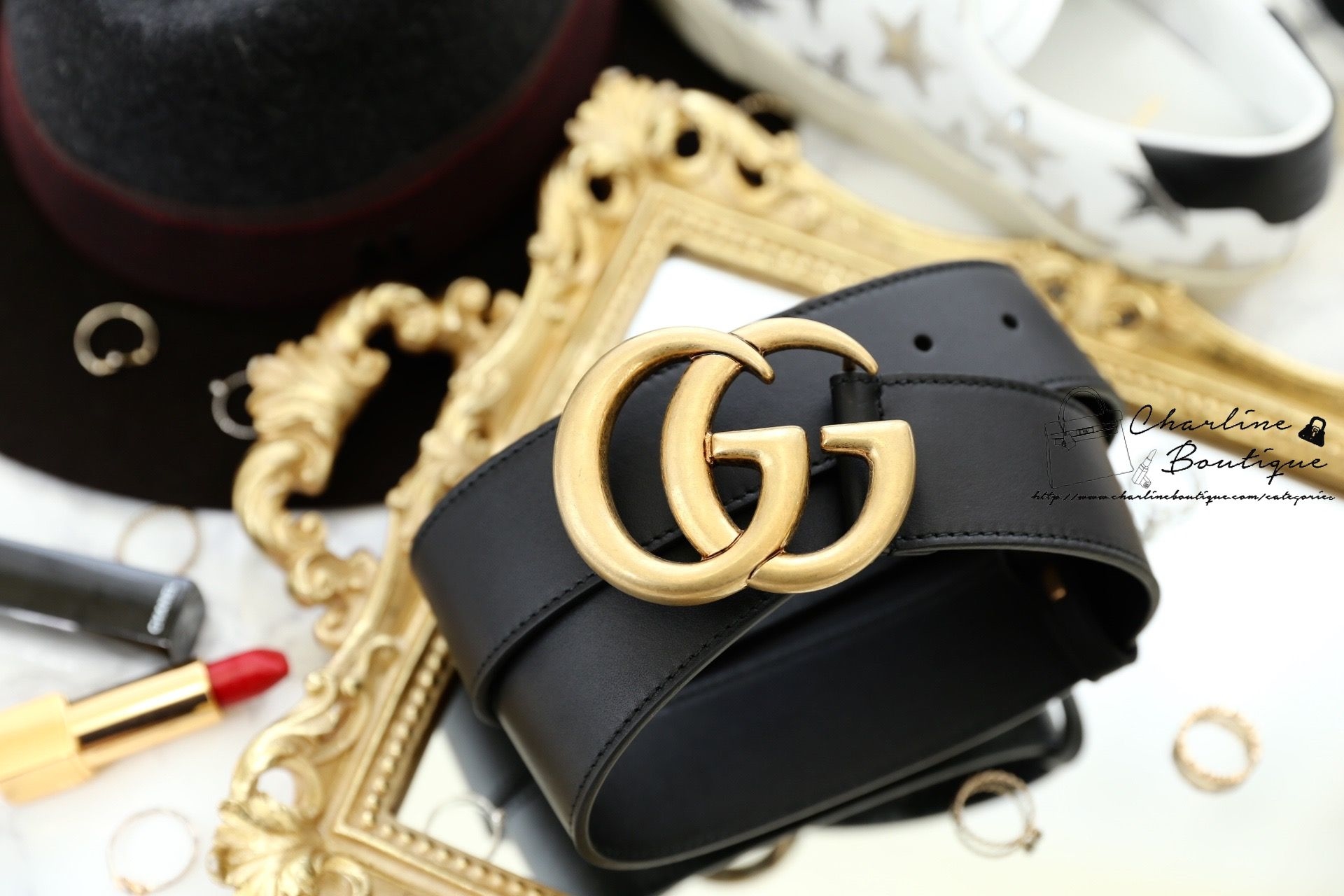 Gucci Leather Belt With Double G Buckle 黑色金GG Logo 4cm小牛皮皮帶