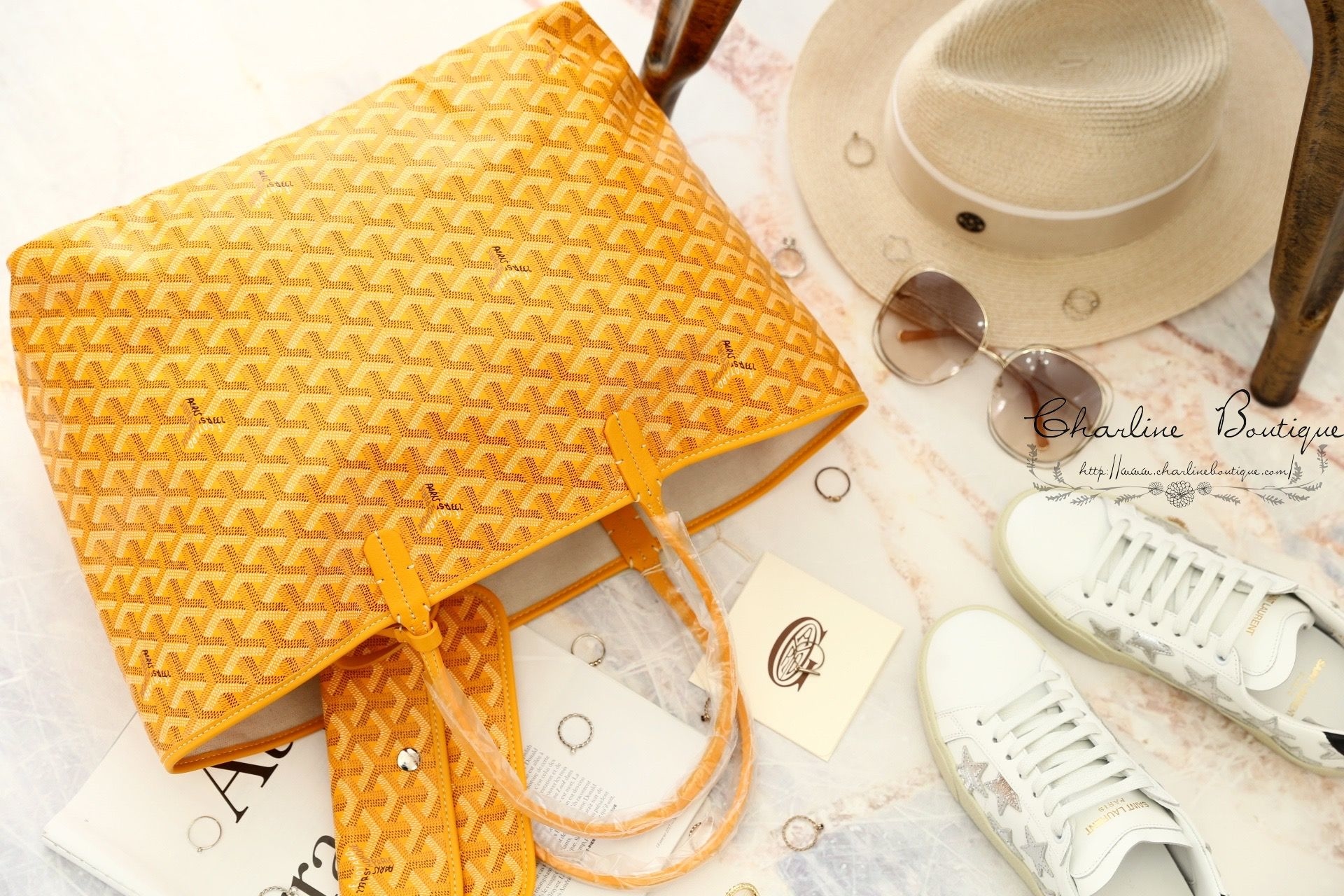 Goyard Saint Louis PM Bag 黃色帆布小牛皮同色提把小型無拉鍊托特包