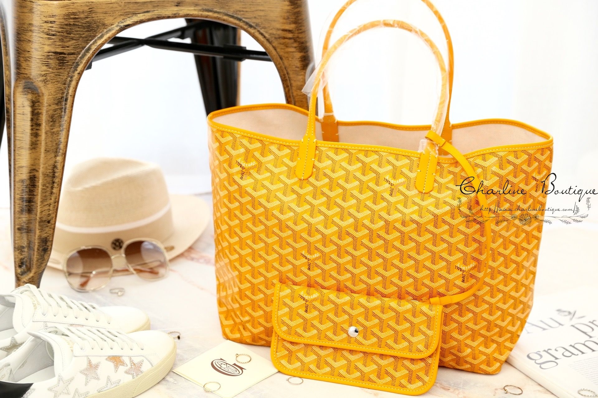 Goyard Saint Louis PM Bag 黃色帆布小牛皮同色提把小型無拉鍊托特包