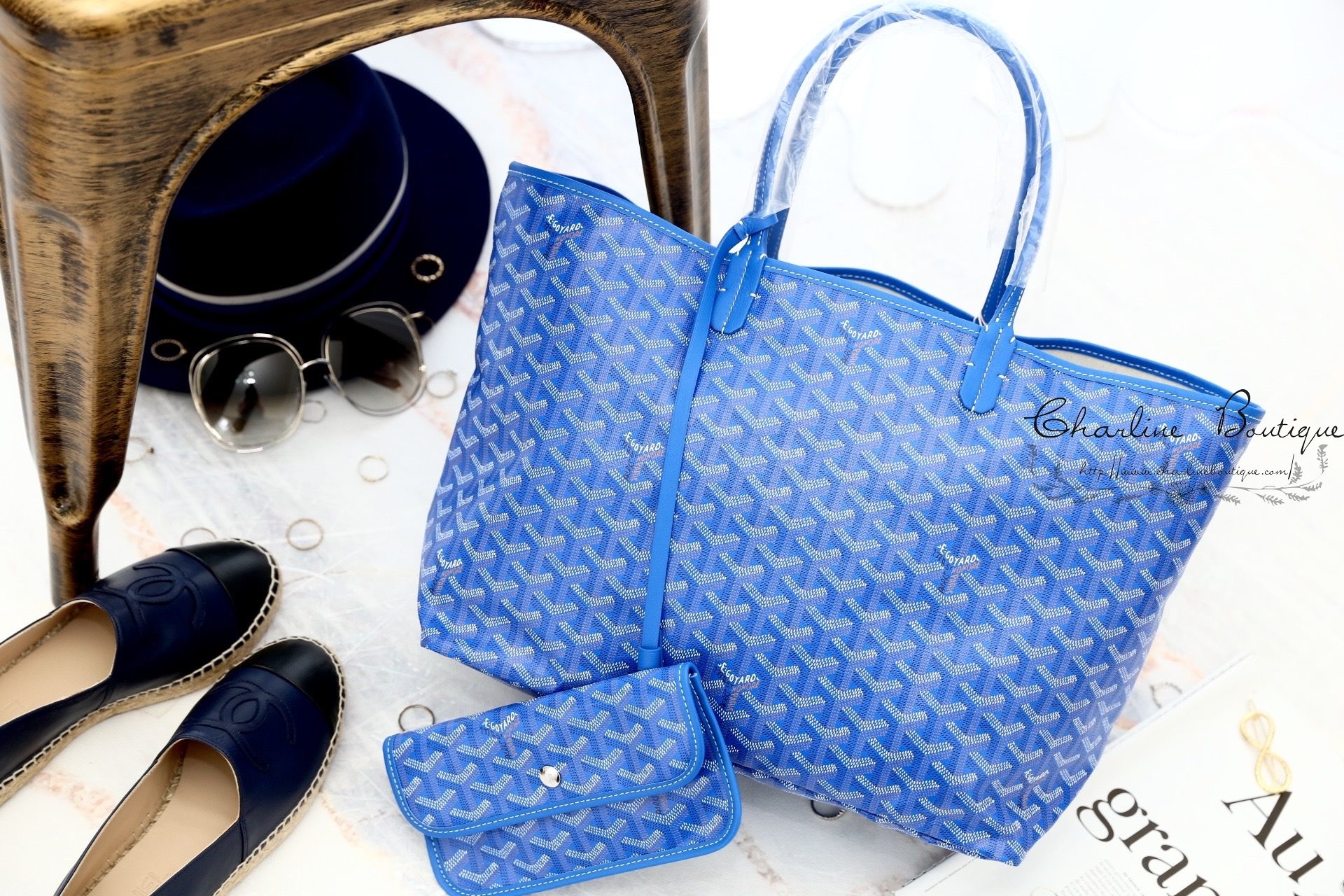 Goyard Saint Louis PM Bag 天空藍帆布小牛皮同色提把小型無拉鍊托特包