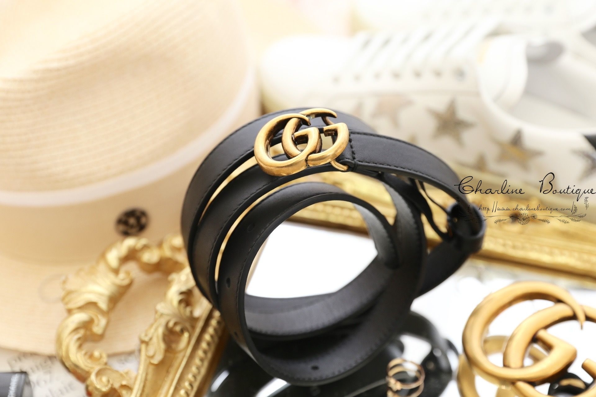 Gucci Leather Belt With Double G Buckle 黑色金GG Logo細版2cm小牛皮皮帶