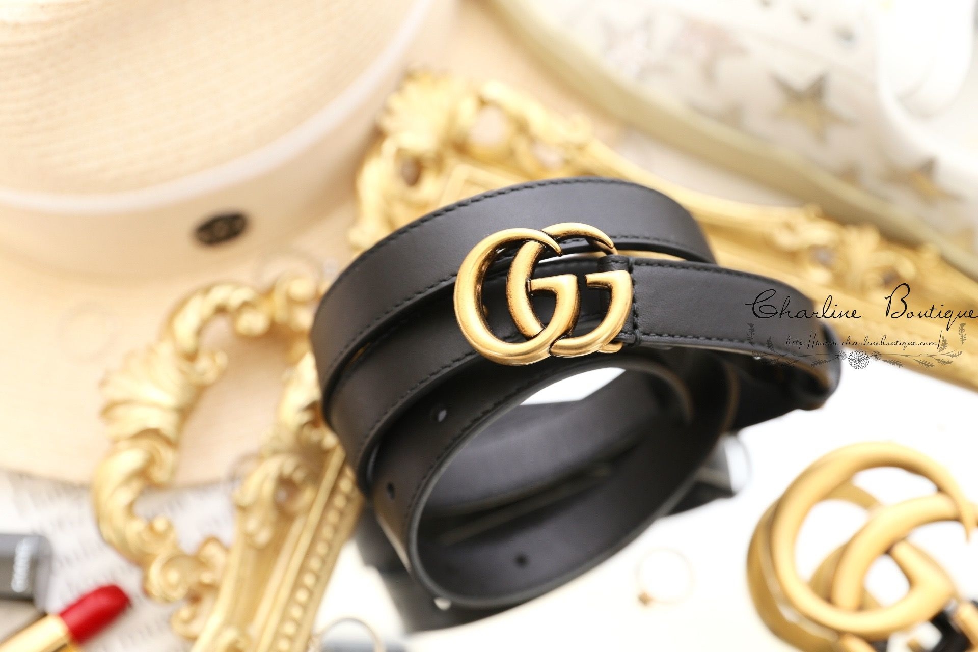 Gucci Leather Belt With Double G Buckle 黑色金GG Logo細版2cm小牛皮皮帶