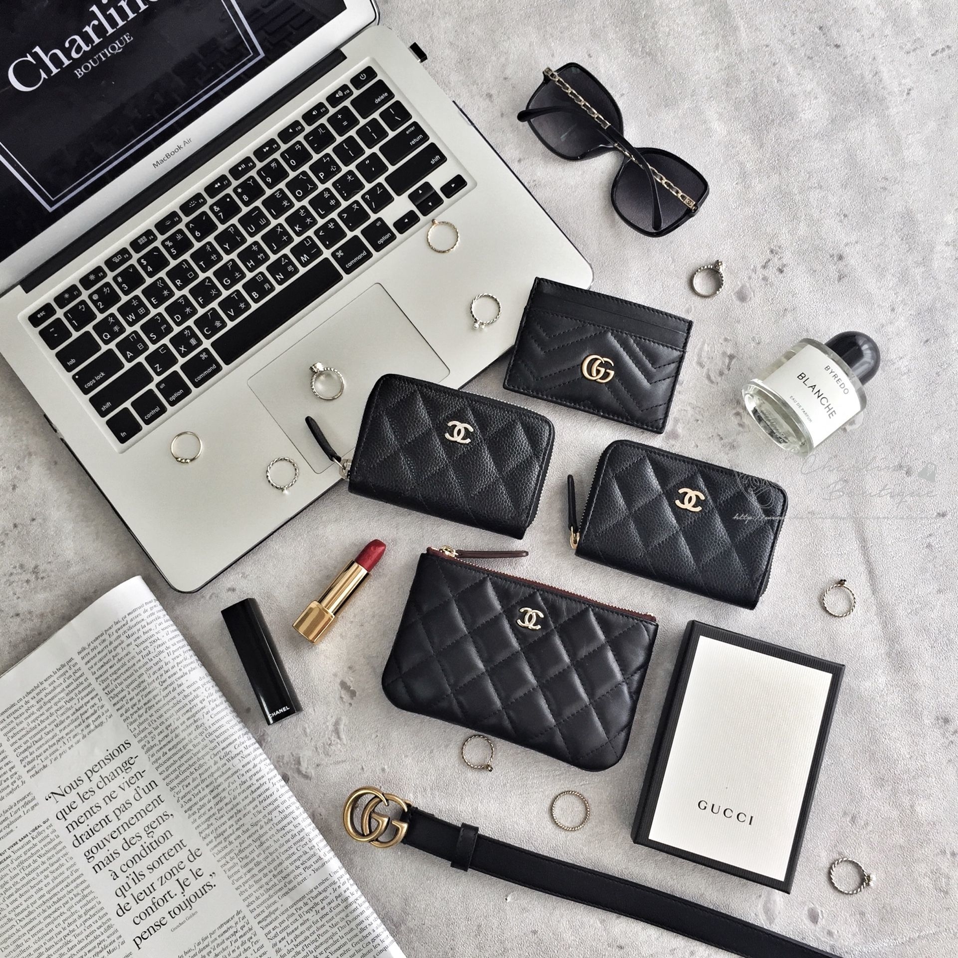 Gucci 黑色GG Logo卡片夾,Gucci 黑色金GG Logo細版牛皮皮帶,Chanel黑色銀CC酒紅內裡小羊皮零錢包,Chanel 黑色金CC荔枝紋卡片拉鍊零錢夾-Charline Boutique 精品代購