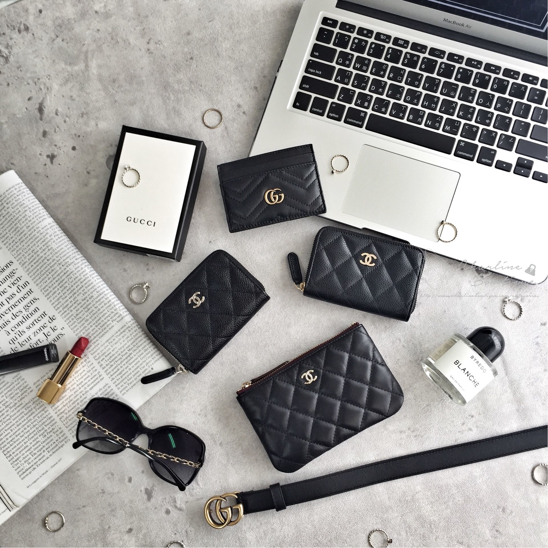 Gucci 黑色GG Logo卡片夾,Gucci 黑色金GG Logo細版牛皮皮帶,Chanel黑色銀CC酒紅內裡小羊皮零錢包,Chanel 黑色金CC荔枝紋卡片拉鍊零錢夾-Charline Boutique 精品代購