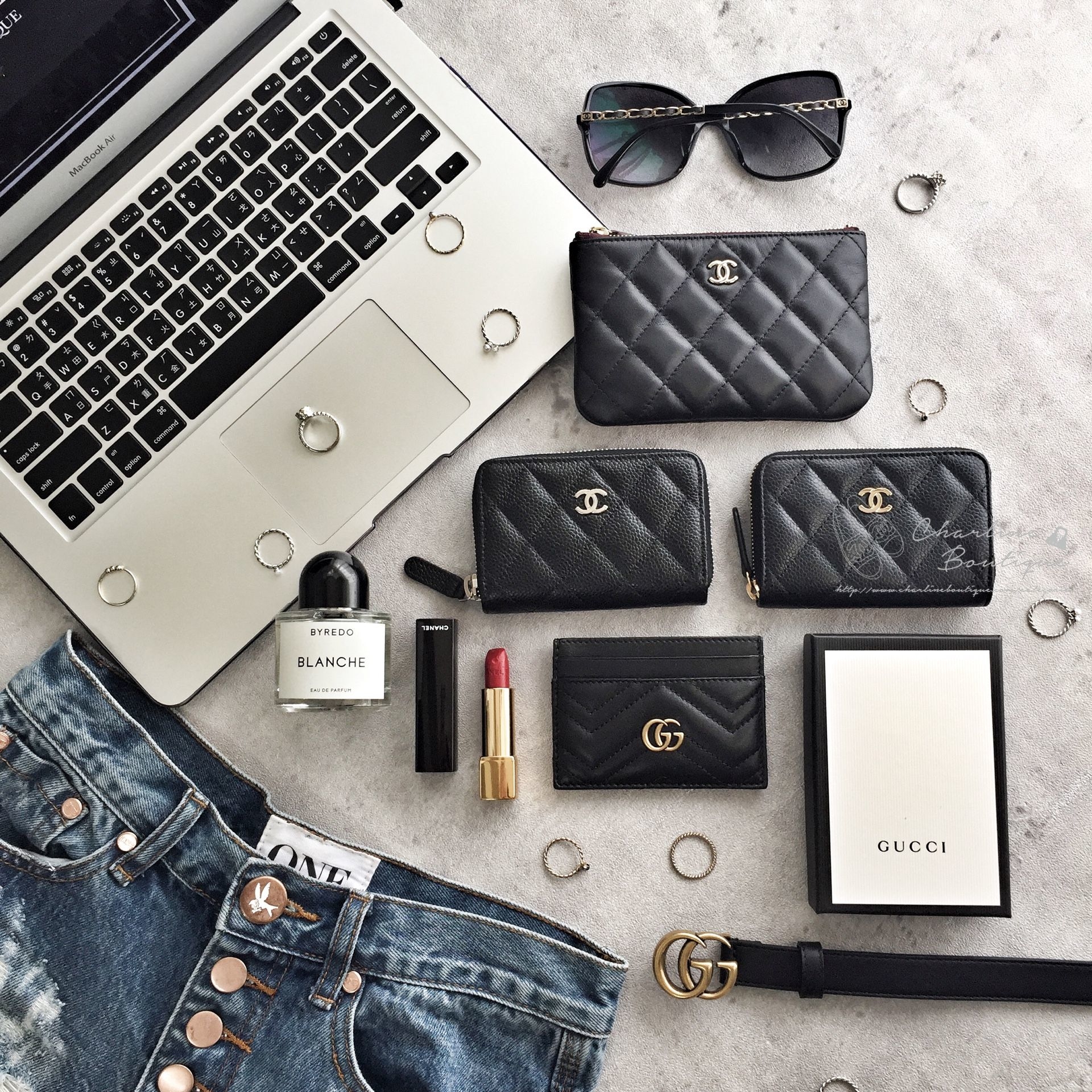 Gucci 黑色GG Logo卡片夾,Gucci 黑色金GG Logo細版牛皮皮帶,Chanel黑色銀CC酒紅內裡小羊皮零錢包,Chanel 黑色金CC荔枝紋卡片拉鍊零錢夾-Charline Boutique 精品代購