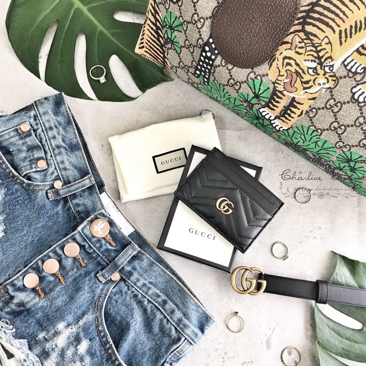 Gucci GG Marmont Card Case 黑色GG Logo卡片夾,Gucci Leather Belt With Double G Buckle 黑色金GG Logo細版牛皮皮帶-Charline Boutique 精品代購