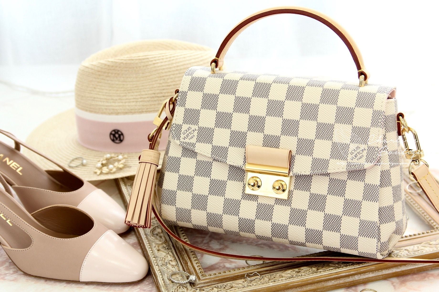 Louis Vuitton Croisette 米白色格紋肩背手提包