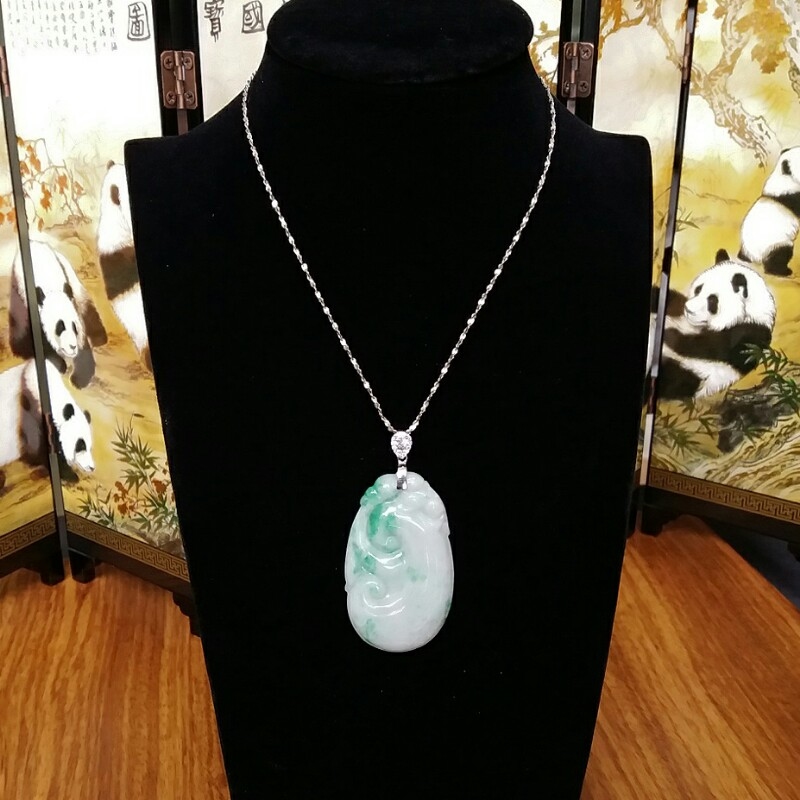冰糯白底青玉如意吊墜, 天然翡翠A玉, 緬甸玉, Jade, Jadeite