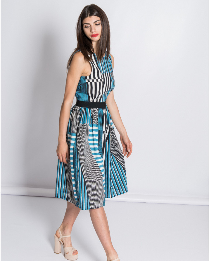 【silvian-heach】藍色色塊條紋拼花無袖洋裝