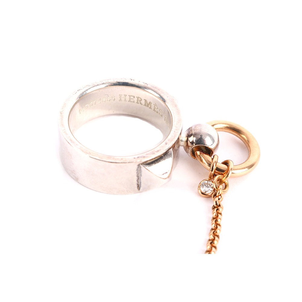 【Hermès】 小鑽+925純銀+玫瑰金AU750鏈帶雙環戒指 HE43000001