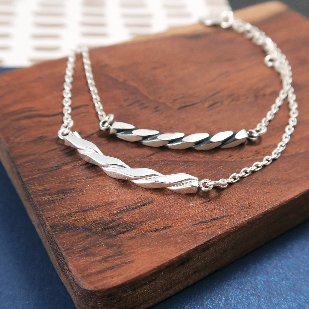 方晶格麻花項鍊(銀白款)-925純銀項鍊