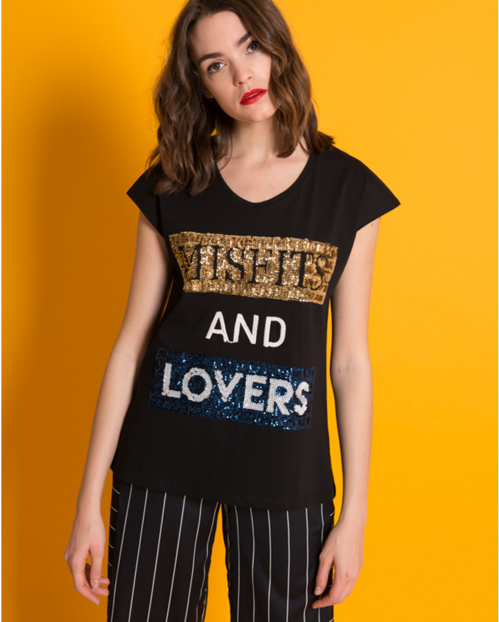 【silvian-heach】亮片標語落肩袖T恤