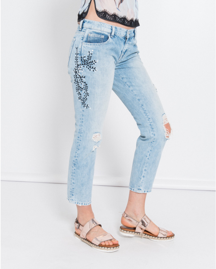 【silvian-heach】植物紋刺繡磨破八分牛仔褲